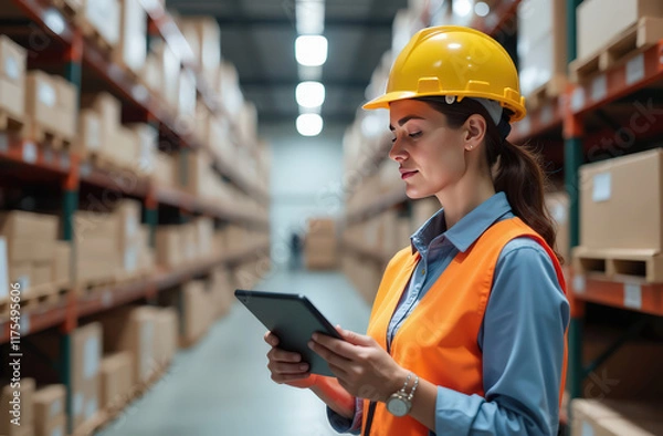 Fototapeta Thinking, warehouse and woman on tablet for inspection, inventory and online stock. Manufacturing, distribution and person on digital tech for logistics, maintenance and supply chain list in factory