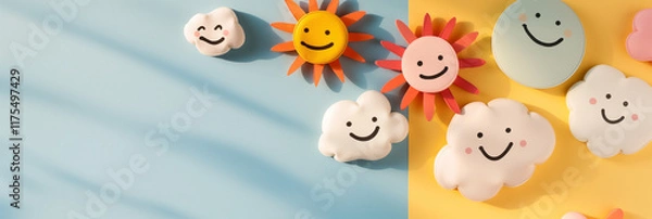 Obraz Cartoon-style sun and clouds with happy faces on a bright, cheerful pastel background conveying happiness and positivity in simple, playful colors and forms.