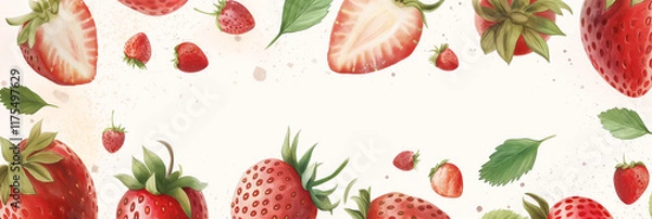 Fototapeta A collection of fresh strawberries and leaves scattered across a white background, showcasing their vibrant red color and inviting freshness.
