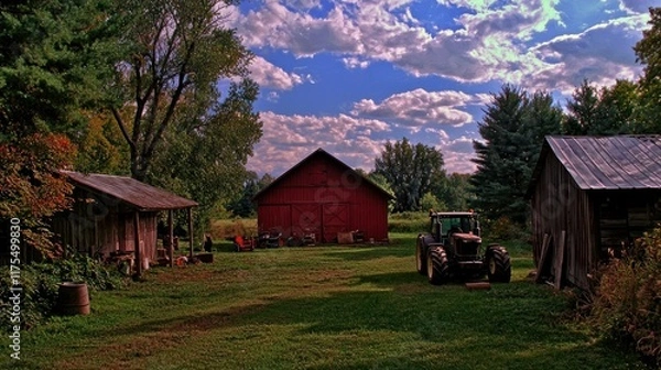 Fototapeta A serene farm scene with a red barn and tractor under a blue sky.
