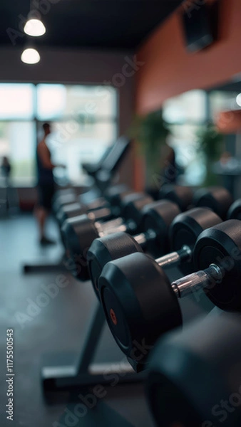 Fototapeta Gym dumbbell blur background fitness center, workout personal weight training studio, health club with blurry sports exercise equipment for bodybuilding and power strength class. Vertical photo