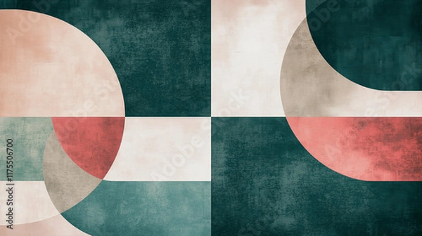 Obraz Abstract geometric artwork featuring interconnected shapes and blocks with a matte texture, utilizing a muted palette of beige, teal, soft lavender, and forest green tones.  