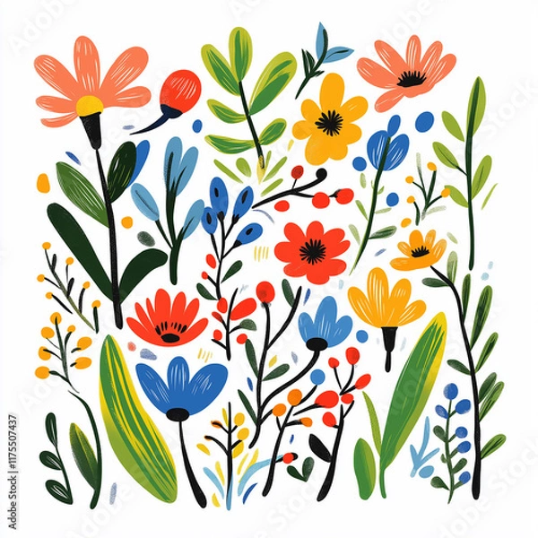 Obraz Vector Hand Drawn Flowers and Plants in Cute Color Palette. Hand drawn Vector Set. Colorful trendy illustration. All elements are isolated. Perfect For your own design.
