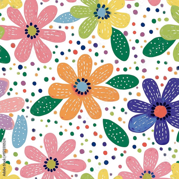 Fototapeta seamless pattern with flowers，Colorful floral pattern, white background, hand-drawn style, artistic design, decorative background