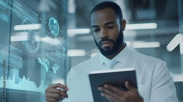 Fototapeta Businessman Analyzing Data on Interactive Screen and Tablet