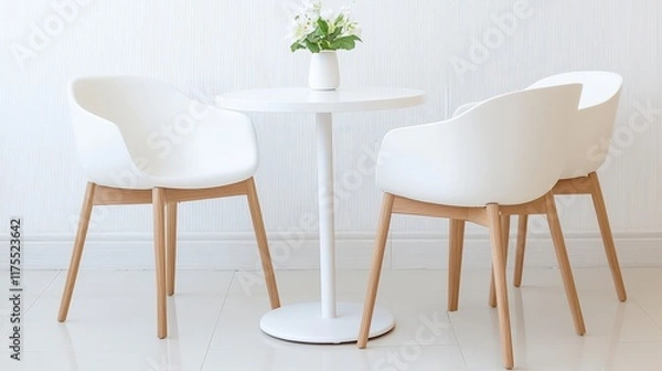Fototapeta Modern Minimalist Dining Area with White Chairs and Round Table Featuring Fresh Flower Arrangement