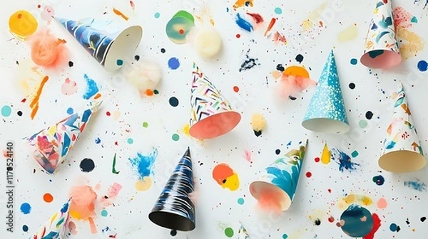 Fototapeta A creative mix of patterned party hats, ribbons, and colorful confetti placed on a clean white surface