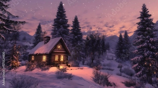 Fototapeta A cozy wooden cabin surrounded by snow-covered trees under a twilight sky with soft glowing lights