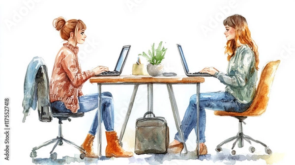 Obraz 机に座り仕事をする若い女性のイラスト素材
