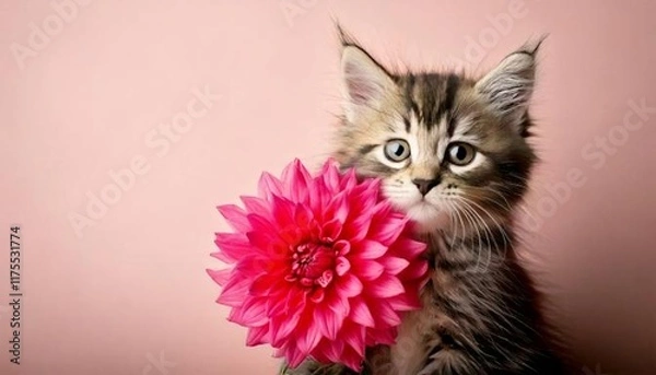 Fototapeta Cute kitten holding a pink dahlia, bright colors, neutral background