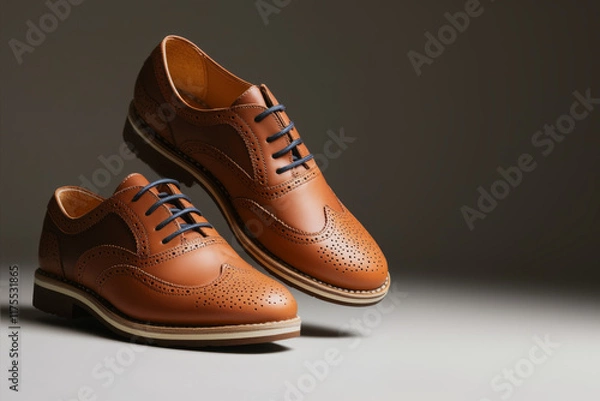 Fototapeta Elevated Elegance, A Pair of Classic Brown Leather Wingtip Brogues with Blue Laces, Perfectly Poised in a Stylish Studio Still Life,