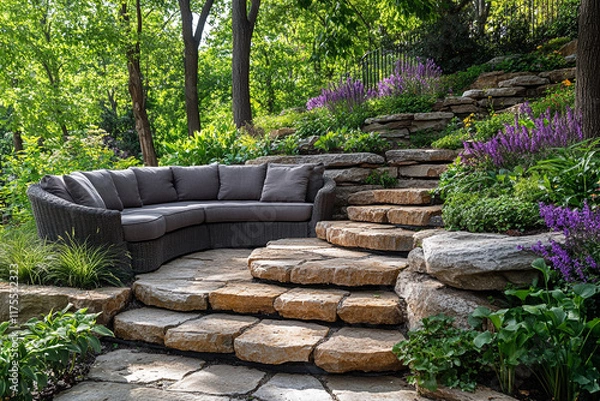 Fototapeta Secluded Stone Patio With Curved Sofa And Lush Greenery