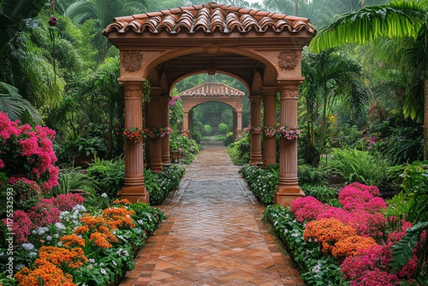 Fototapeta Rain drenched pathway in a lush tropical garden