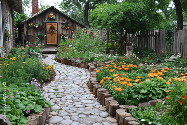 Fototapeta Cobblestone Path Meanders Through A Vibrant Cottage Garden