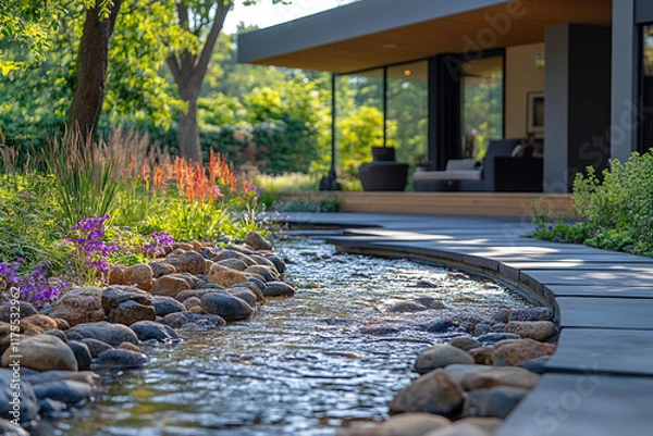 Fototapeta Serene Stream Flows Beside Modern Home Landscaping