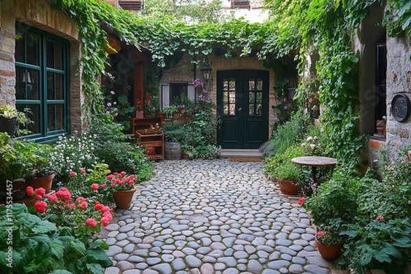 Fototapeta Charming Courtyard Garden With Stone Path And Green Door