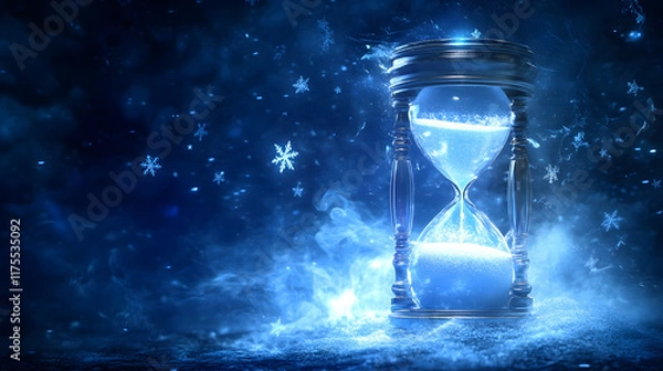 Fototapeta enchanting hourglass with glowing icy aura surrounded by snowflakes, creating magical atmosphere