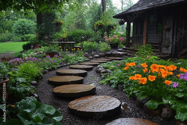 Fototapeta Stone Pathway Leads to Rustic Garden Cottage