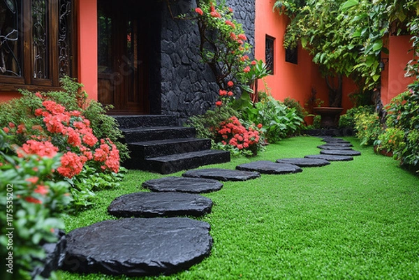 Fototapeta Landscaped Garden Path With Stone Steps And Flowers