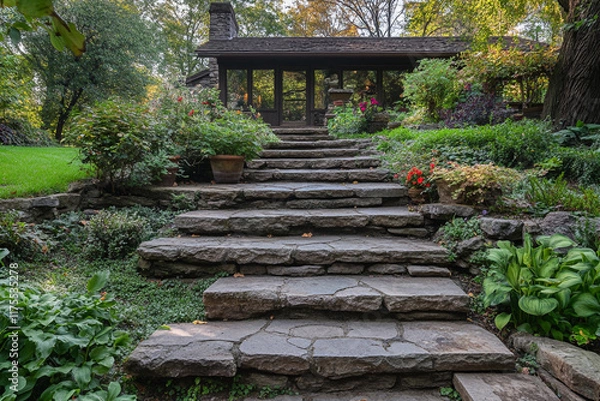 Fototapeta Stone Steps Leading To A Rustic House Garden
