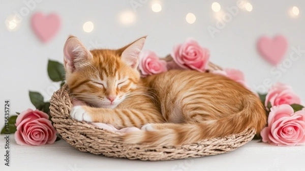 Fototapeta A sleeping orange kitten nestled in roses, creating a serene scene.