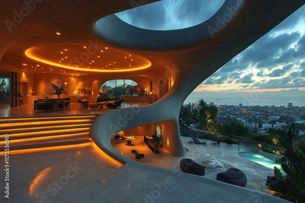Fototapeta Modern Concrete House With Ocean View At Dusk