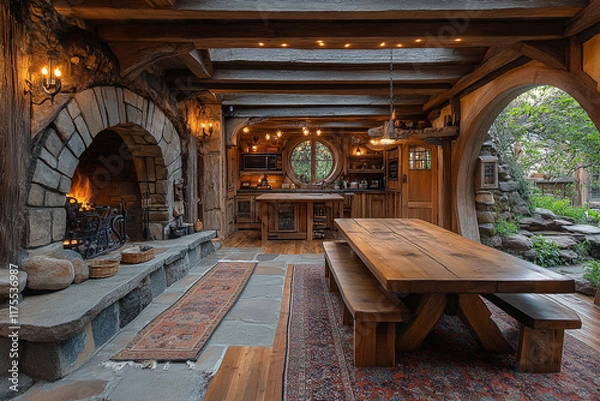 Fototapeta Rustic Wooden Kitchen With Stone Fireplace And Round Window