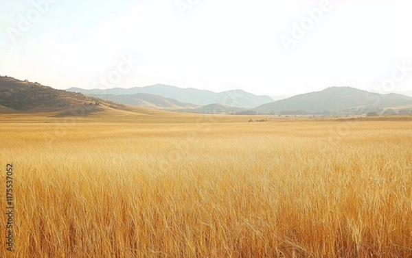 Obraz Golden wheat field under a clear sky, rolling hills in the background.