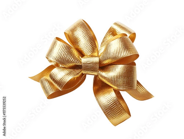Fototapeta Shiny golden gift bow with textured ribbon loops on a white background. PNG transparent.