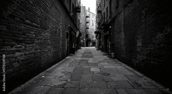 Fototapeta Atmospheric Black and White Photo of a Dark Brick Alleyway in the City