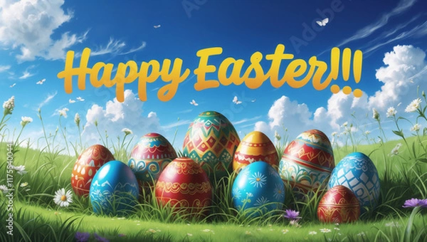 Obraz Colorful decorated easter eggs lying in grass under blue sky with happy easter greeting