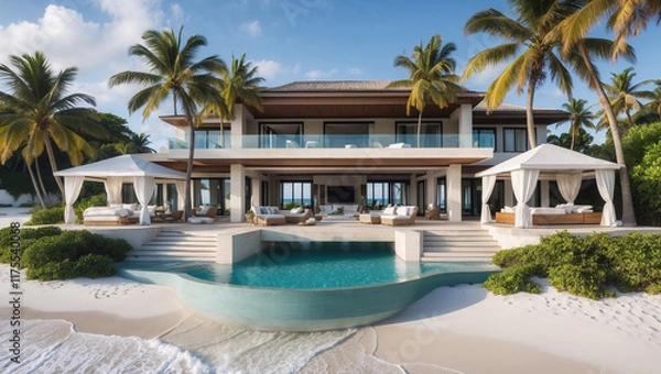 Obraz Luxurious beachfront villa with infinity pool, sun loungers, and cabanas, offering breathtaking views of the turquoise ocean and palm trees