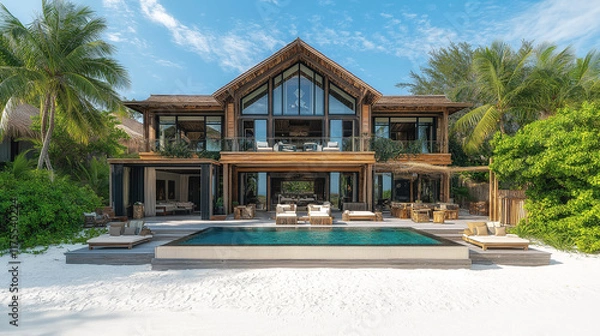 Obraz Stunning beachfront villa offering luxurious amenities and breathtaking ocean views, creating an idyllic tropical escape