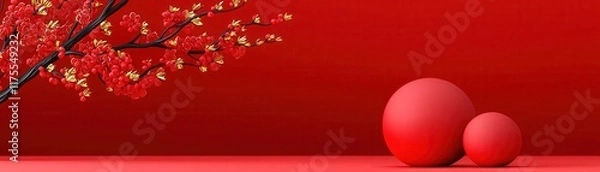 Fototapeta A serene composition featuring red spheres and a blossoming branch against a vibrant red background, symbolizing harmony and celebration.