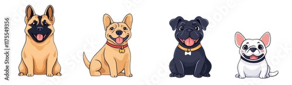 Fototapeta Happy Cartoon Dogs with Smiling Faces in Various Breeds and Colors
