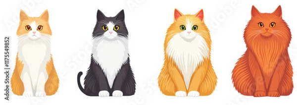 Fototapeta Cute Cartoon Style Cats Sitting with Colorful Fur and Expressions