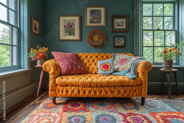 Fototapeta A Mustard Yellow Sofa Decorated With Colorful Pillows And Throw Blankets