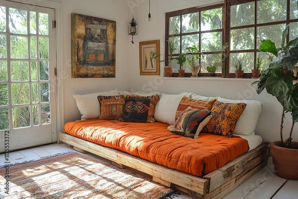 Fototapeta Sunlit Bohemian Daybed With Colorful Pillows
