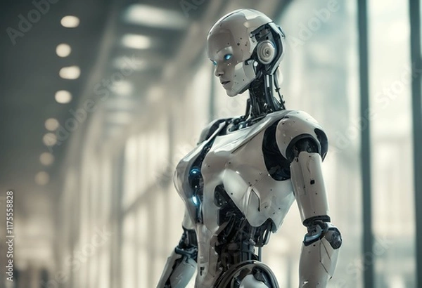 Fototapeta woman pointing robot humanoid isolated background transparent