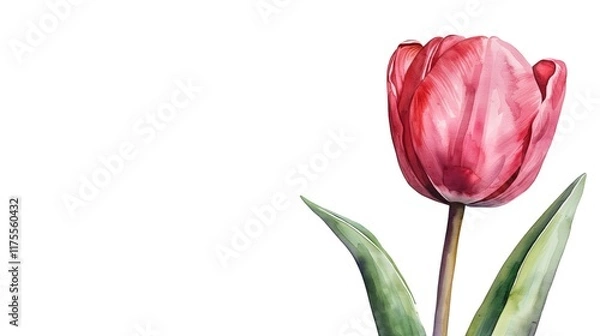 Fototapeta Red Tulip Watercolor Painting:  A delicate red tulip blooms with grace, its petals unfurling in a vibrant watercolor painting that captures the beauty of springtime.