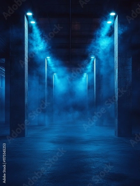 Obraz Dark empty space, blue and red neon spotlight, wet asphalt, smoke, night view street, rays. Abstract dark texture of an empty background with copy space mock up design