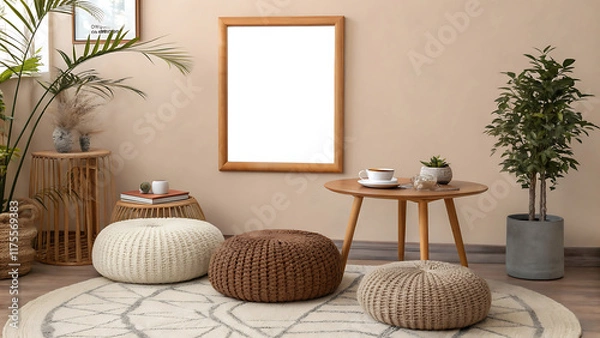 Fototapeta Cozy interior design with poster mockup in modern living room corner setting.