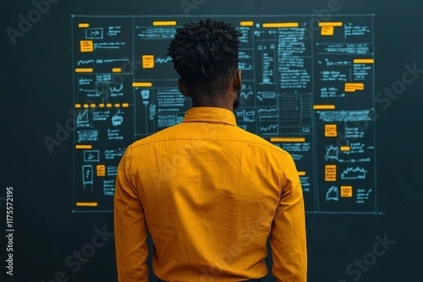 Fototapeta A person in a yellow shirt analyzes data displayed on a wall, showcasing charts and graphs in a dark, modern workspace.
