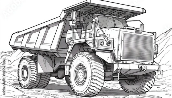 Fototapeta A detailed line art drawing of a large dump truck perfect for coloring activities or technical illustrations. Ideal for vehicle enthusiasts or children's educational materials.