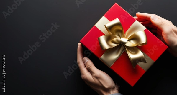 Fototapeta Red gift box with a golden bow in a man's hands on the side on a black background with space for text or congratulations. Top view