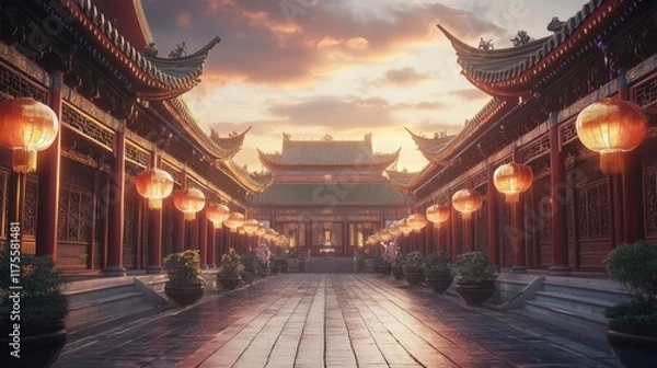 Fototapeta Illuminated Pathway Through Ancient Chinese Temple Complex