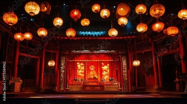 Fototapeta Illuminated Stage Design Featuring Chinese Lanterns and Red Accents