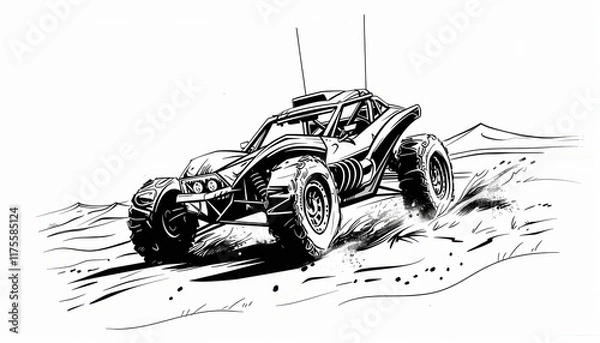 Fototapeta A dynamic black and white illustration of a rugged off-road buggy speeding across a desert landscape. Ideal for automotive, adventure, or racing-themed designs.