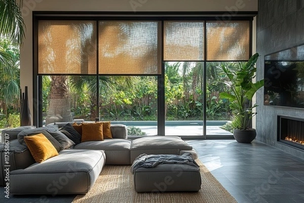 Fototapeta modern living room filled with natural light featuring automatic solar shades and roller blinds complemented by contemporary furniture and palm trees exuding comfort and relaxation