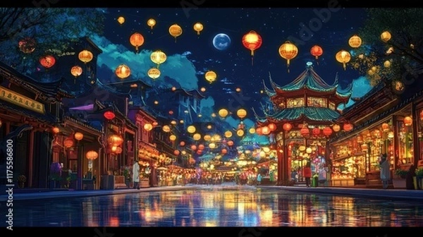 Obraz Illuminated Asian Street Night Scene With Lanterns